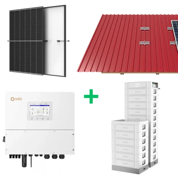 12 kW saulės elektrinė + 15 kWh energijos kaupiklis, Solis, Trina, Dyness. Trapecinės skardos konstrukcija