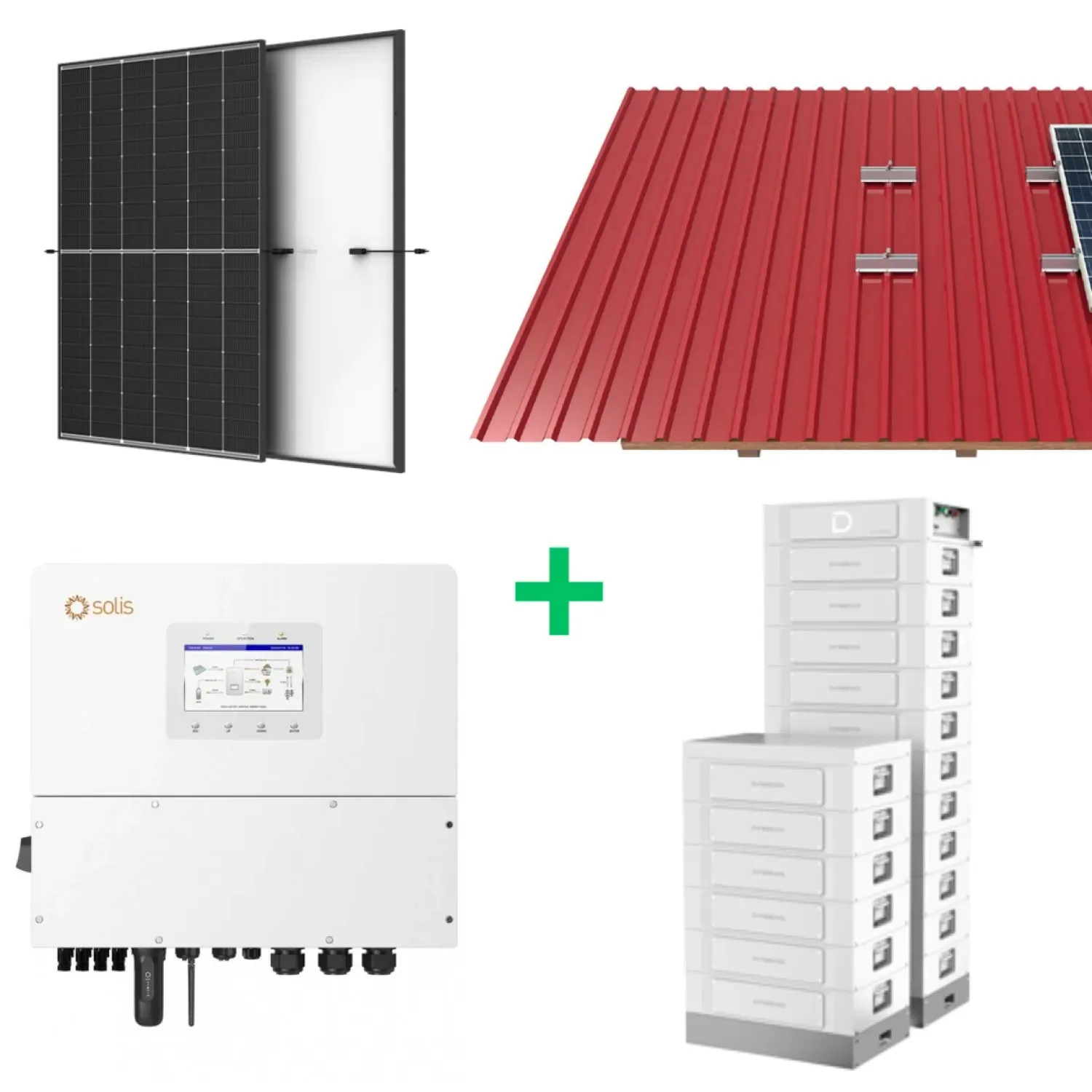 12 kW saulės elektrinė + 15 kWh energijos kaupiklis, Solis, Trina, Dyness. Trapecinės skardos konstrukcija