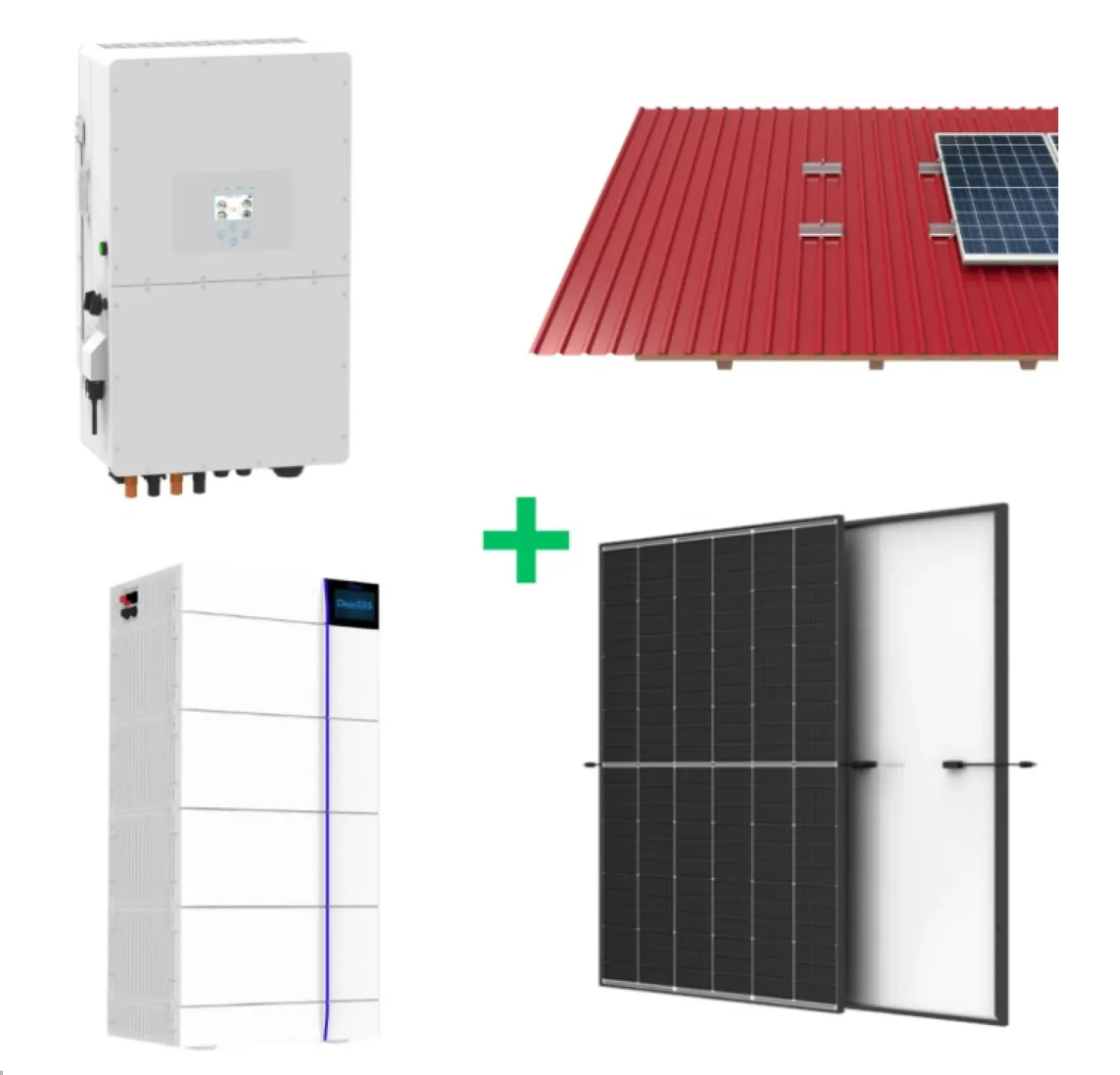 10 kW saulės elektrinės įranga + 16 kWh energijos kaupiklis, Deye, Trina. Trapecinės skardos konstrukcija